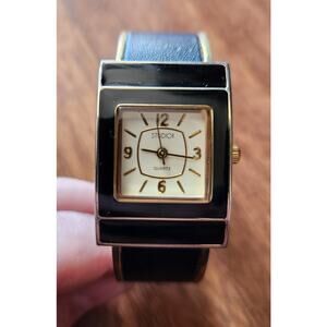 Studio Faux Black Leather Gold Metal  Cuff Analog Wristwatch-Untested